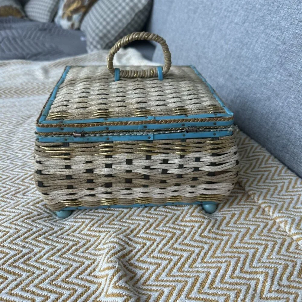 Vintage Sewing Basket Musical 1950's Vintage Wicker Craft Container Blue Gold